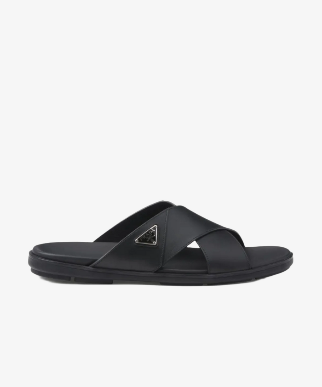 PRADA MENS SZ 7 Fits Women\'s  8.5-9.5. Leather Slide Sandals.Prada triangle logo Prada triangle-logo Leather Slides | Black | FARFETCH main image 4