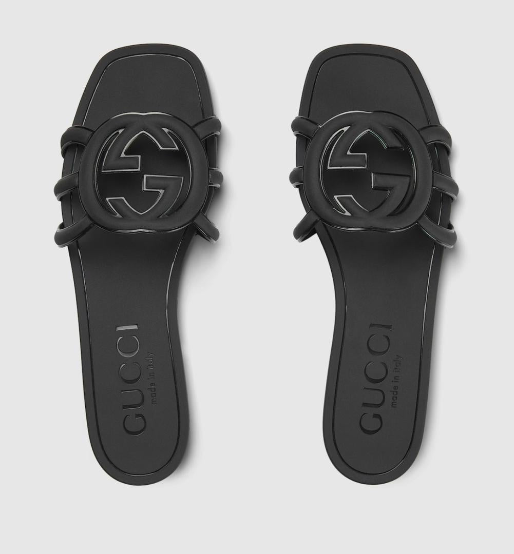 GUCCI INTERLOCKING G RUBBER SLIDES/BLACK/39